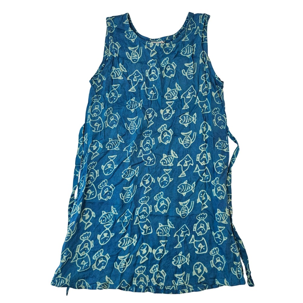Island X Hawaii Blue Fish Print Sleeveless Shift Dress Girls Size 12 Batik